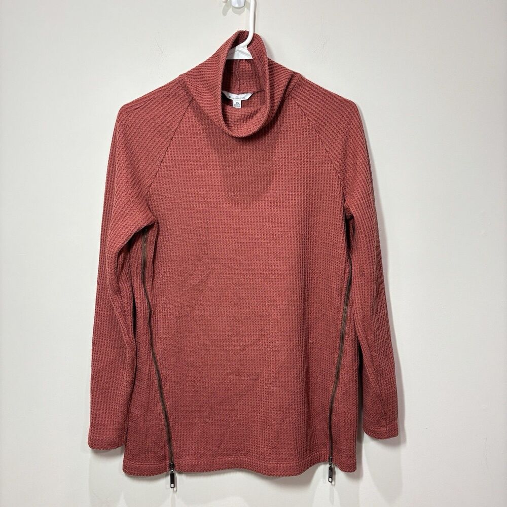 LL BEAN Signature Mockneck Waffle Tunic Women XS Thermal Side Zip Rust Brown